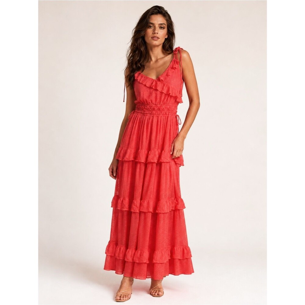 City Chic Renee Ruffle Tiered Maxi Dress Smocked Waist Calypso Coral 14 NEW